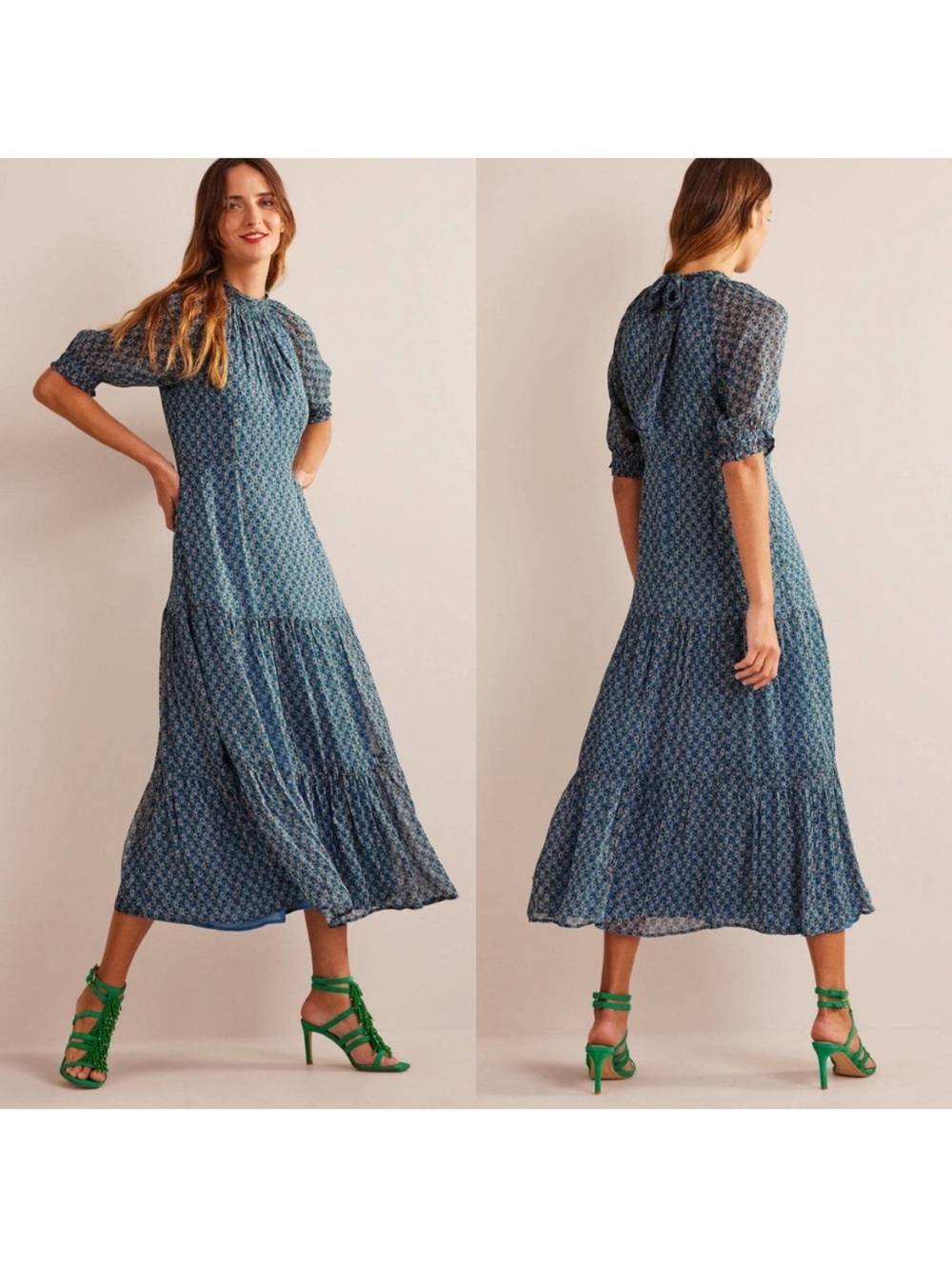 Boden Tie Neck Tiered Maxi Dress in Blue Paisley Stem Size 6 NEaw